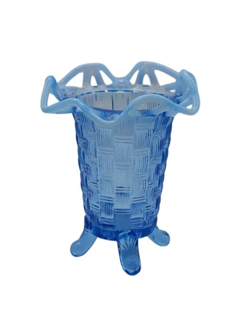 Fenton Glass Blue Opalescent Basket Weave 4 Toed Bud Vase Lace Ruffle Vintage